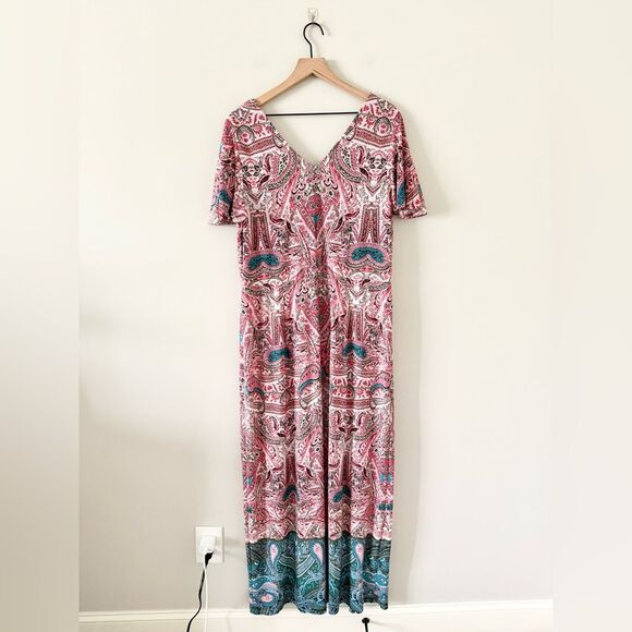 London Times Maxi Dress with Flutter Sleeve in Pink Teal Multi Paisley - Size 1X - Picture 3 of 5